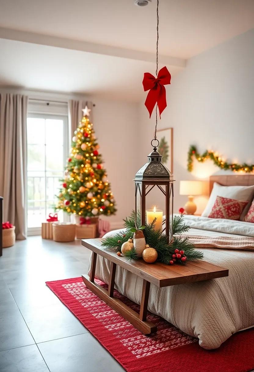 Charming Vintage Sled and Lantern Arrangement as a Focal Point in a Child's Holiday Bedroom