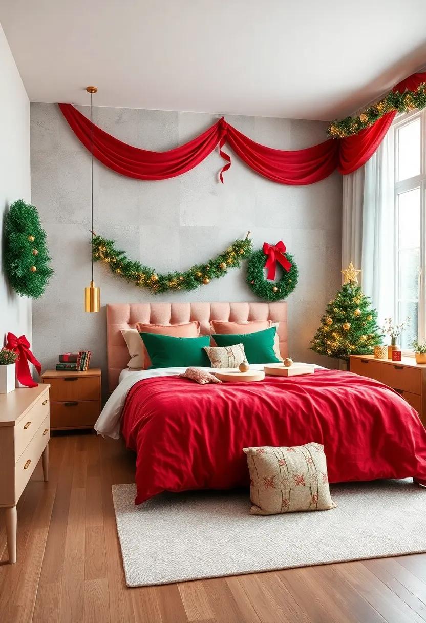 Classic Red and Green Christmas Bedroom Setting Accentuated with Glittery Gold Accents and Garland
