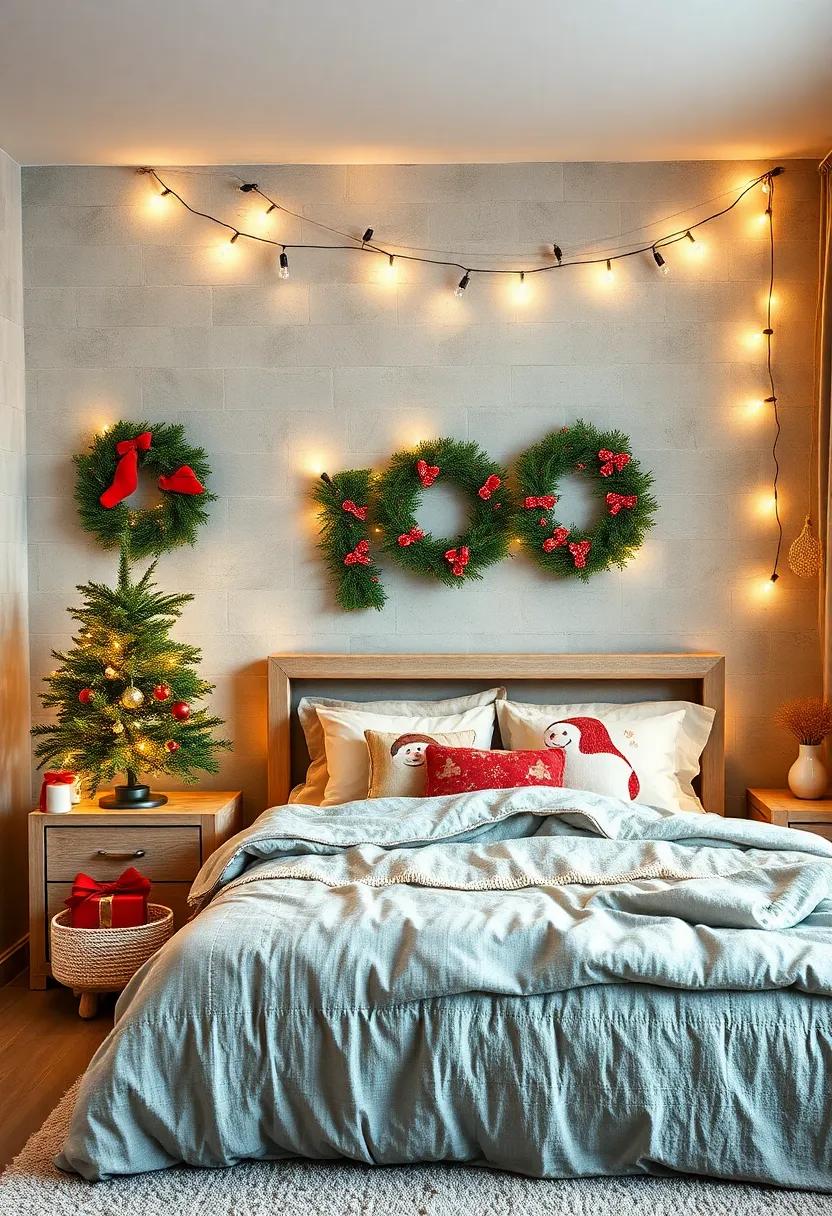 Cozy Christmas Bedroom with Twinkling Fairy Lights and Plush Holiday-Themed Pillows to Warm Up the Space