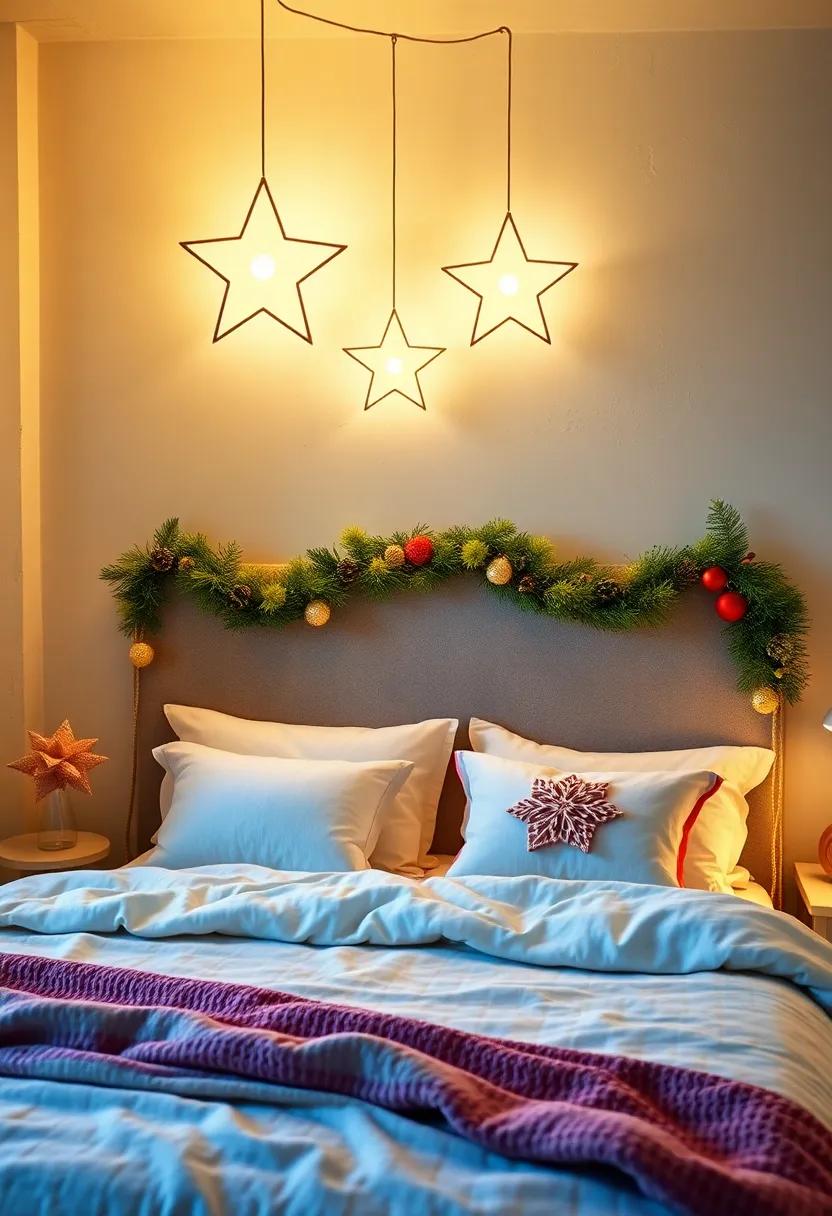 Cozy Star-Shaped Lanterns Casting Warm Light Over a Christmas-Themed Bed Space with Fluffy Pillows