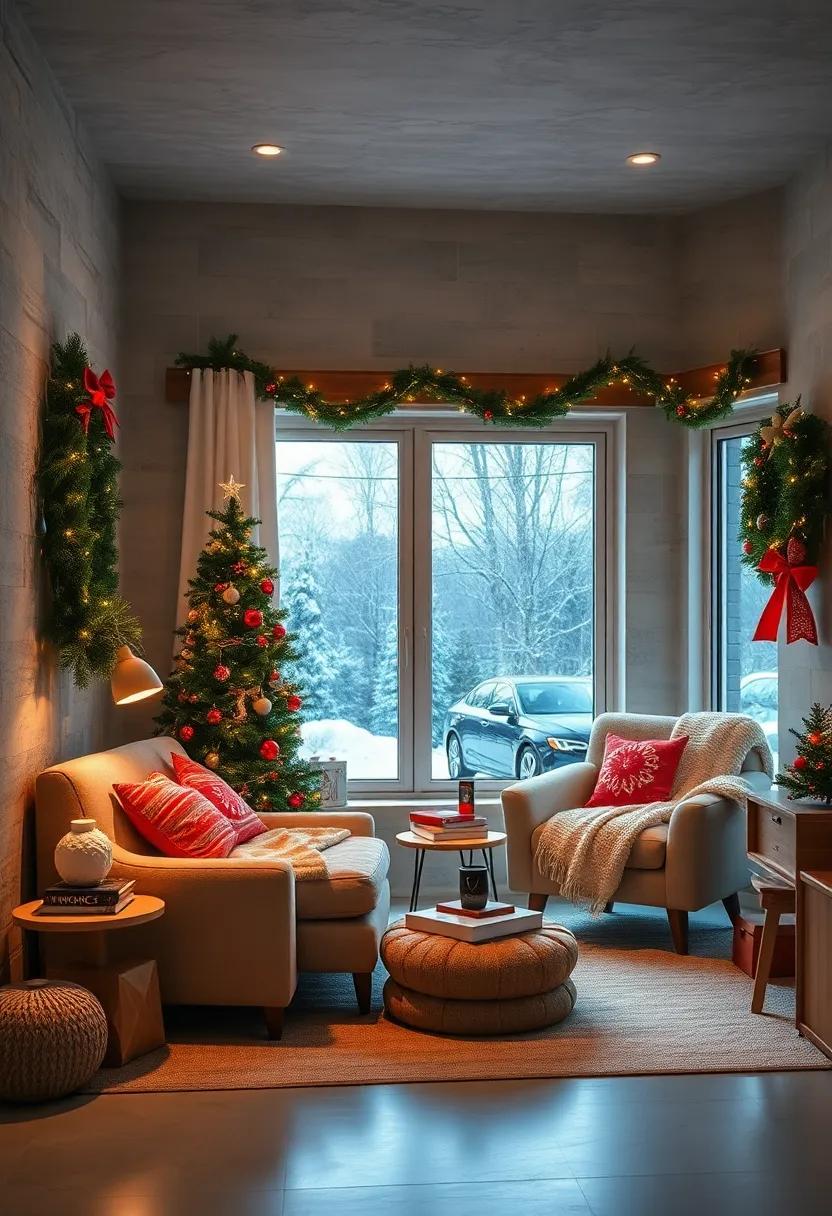 Cozy Reading Nook Amidst Christmas Decor with Plush Chairs, Warm Blankets, and Holiday Books