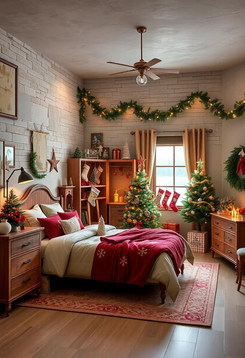 Enchanting Santa's Workshop Inspired Bedroom Decor Filled with Miniature Toy Displays and Stockings
