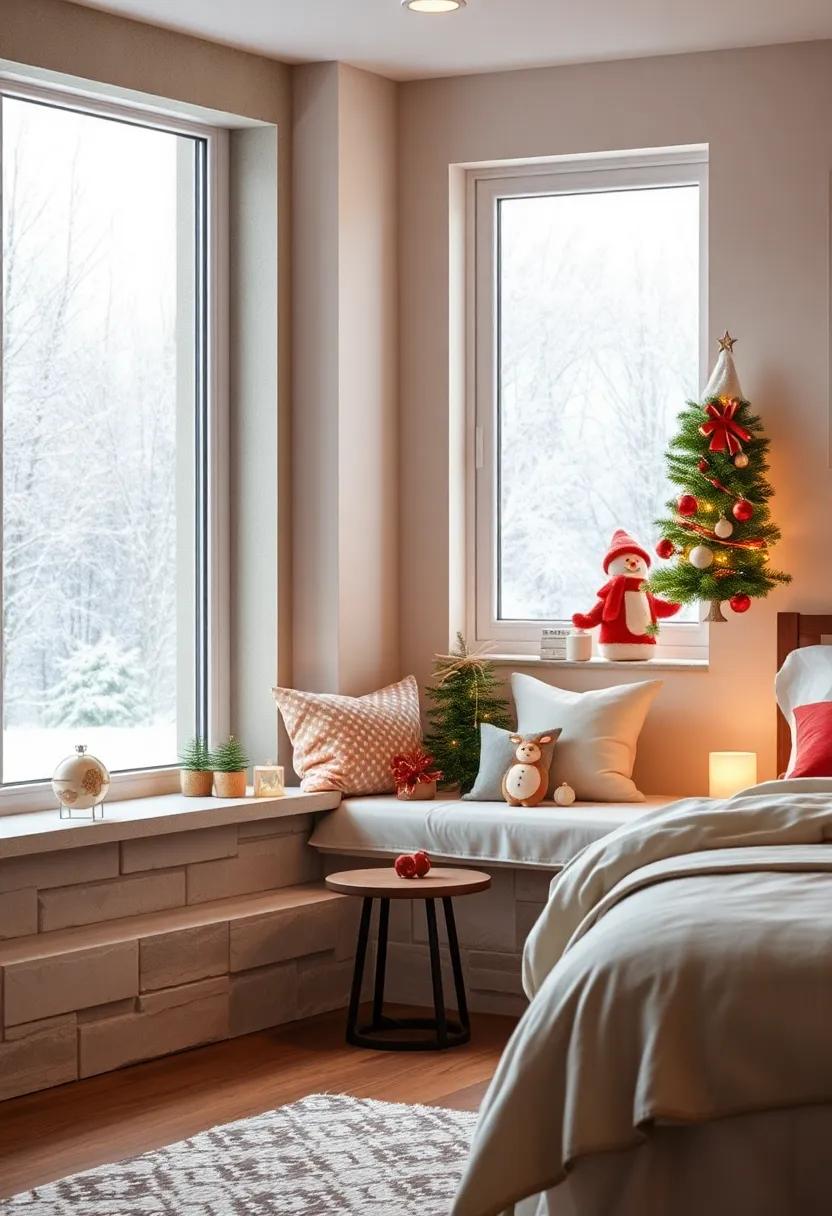 Festive Bedroom Window Seat with Warm Cushions, Holiday Figurines, and Glistening Snow Outside
