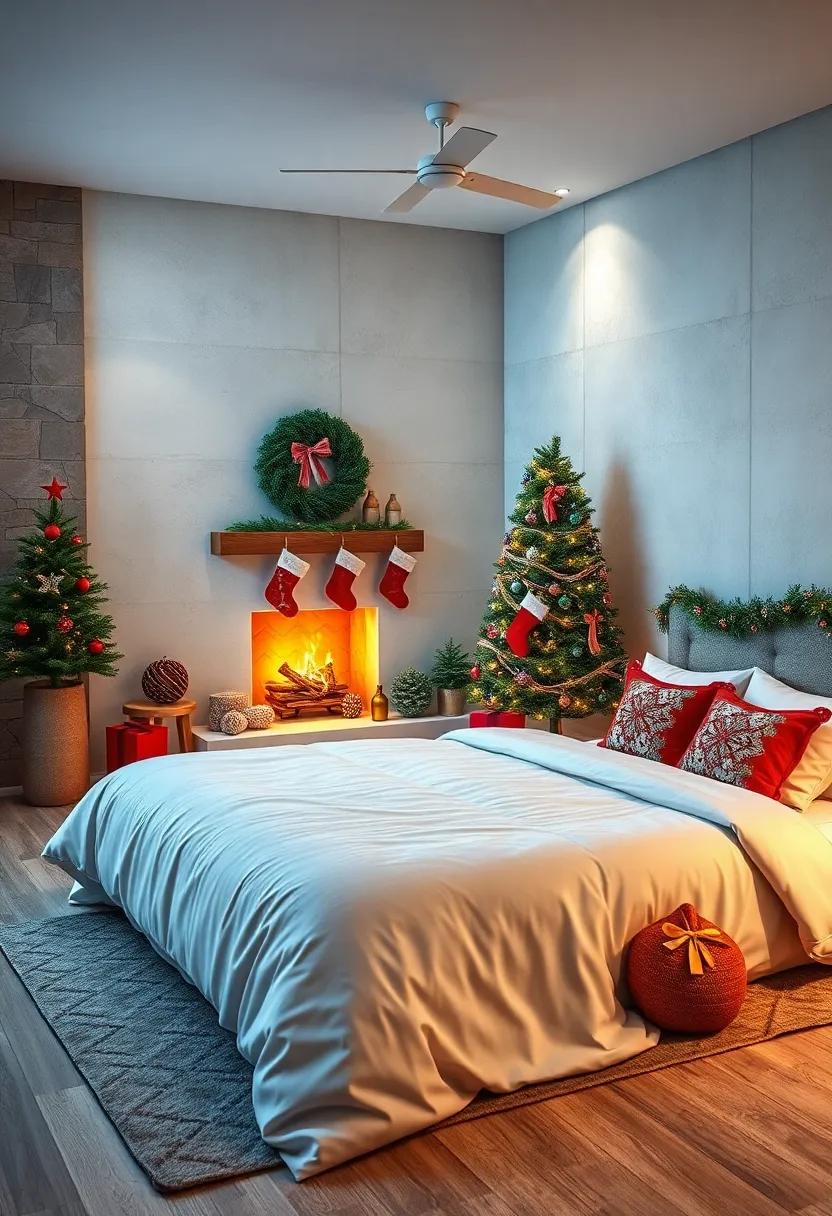 Glowing Fireplace Corner Bedroom Setup with Christmas Stockings and Handmade Ornaments