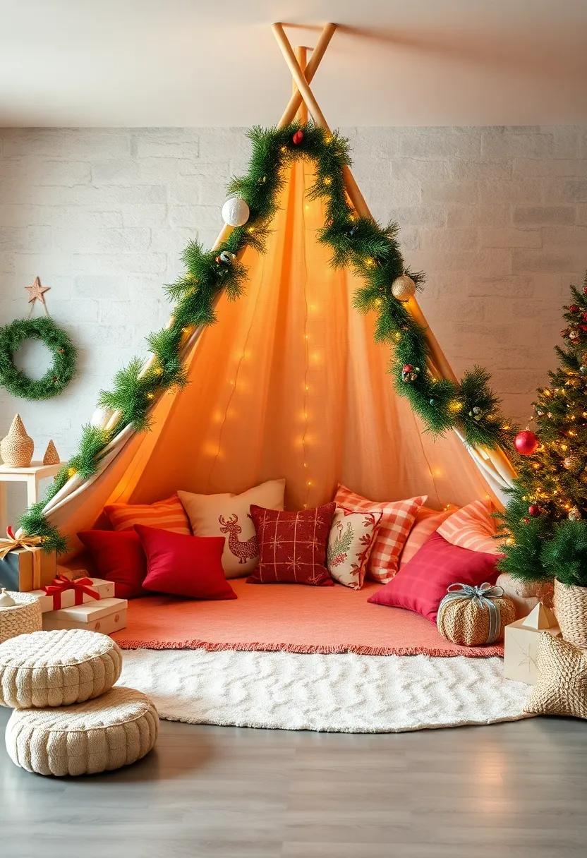Holiday-Themed Teepee Tent for Kids to Snuggle Up in with Festive String Lights and Cushions