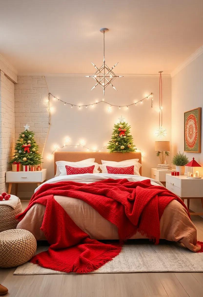 A Magical Winter Wonderland Bedroom Featuring Soft Snowflake Accents and Cozy Red Throw Blankets