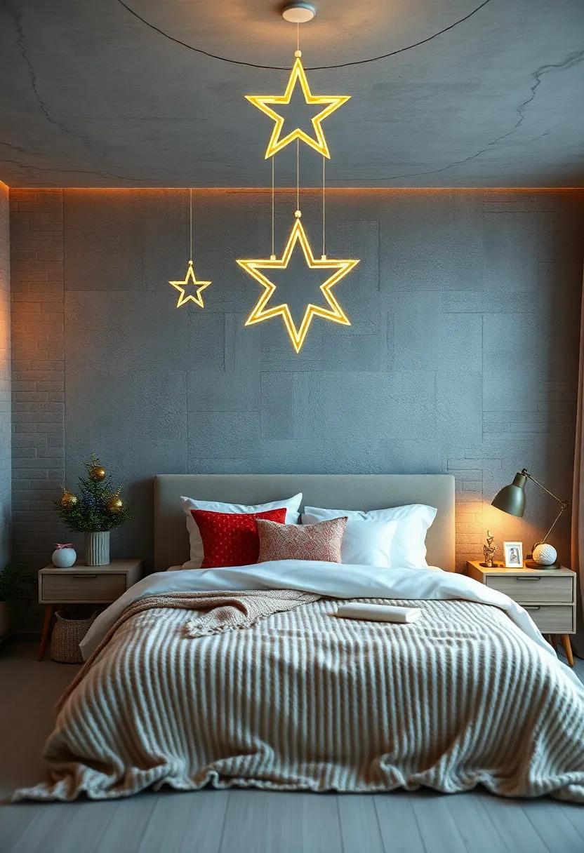A Magical Christmas Star Mobile Hanging Above a Bed Draped in Warm Knitted Bedding and Soft Drapes