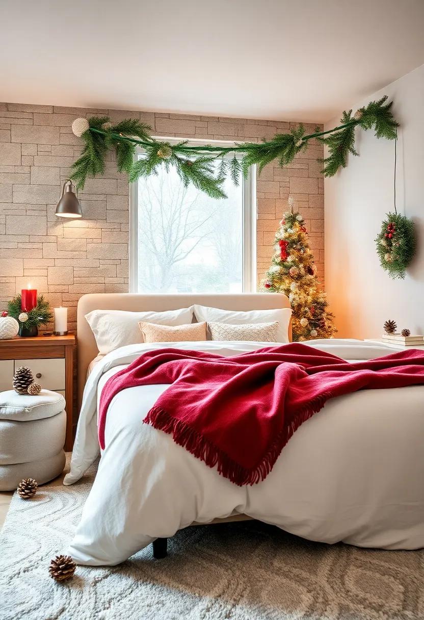 Snowy Christmas Bedroom Scene with Faux Pine Branches, Pinecones, and Soft Velvet Throws