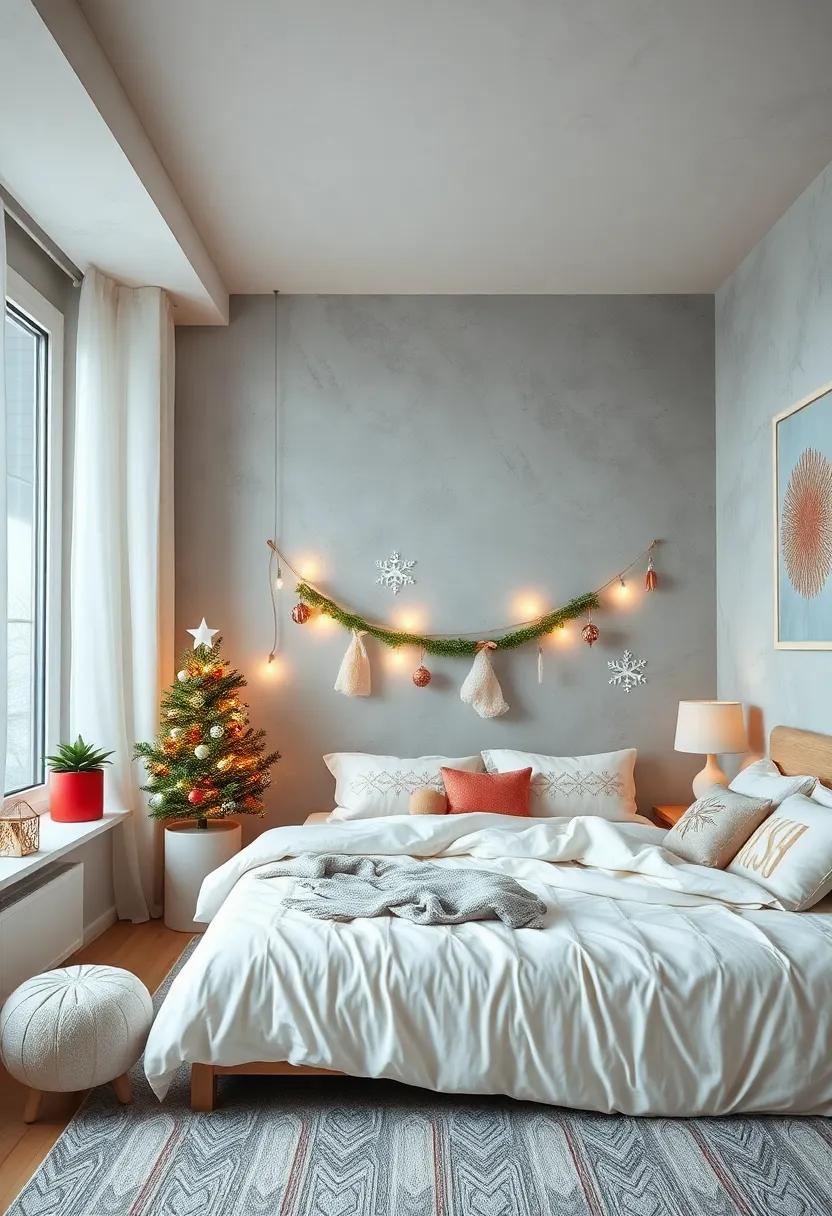 Soft Pastel Holiday Bedroom with Delicate Snowflake Mobiles and Plush Flannel Sheets