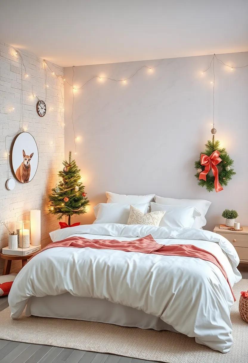 Soft Neutral Christmas Bedroom Palette with Silk Ribbons, White Bedding, and Subtle String Lights