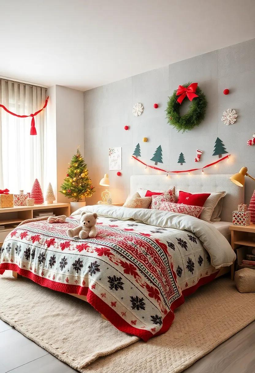 Soft Woolen Blankets in Holiday Patterns Paired with Festive Wall Decals and Plush Toys in the Bedroom