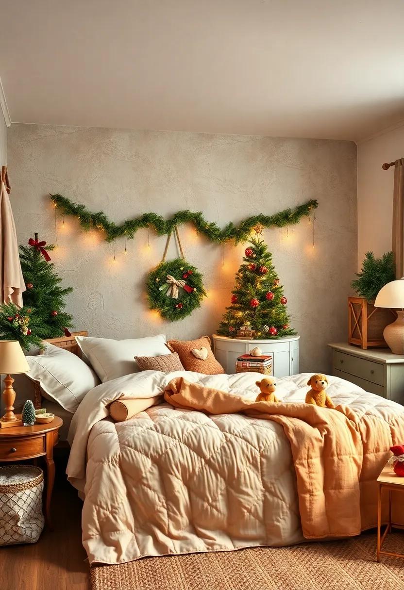 Vintage Christmas Storybook Bedroom Scene with Antique Toys, Quilted Blankets, and Warm Lamps