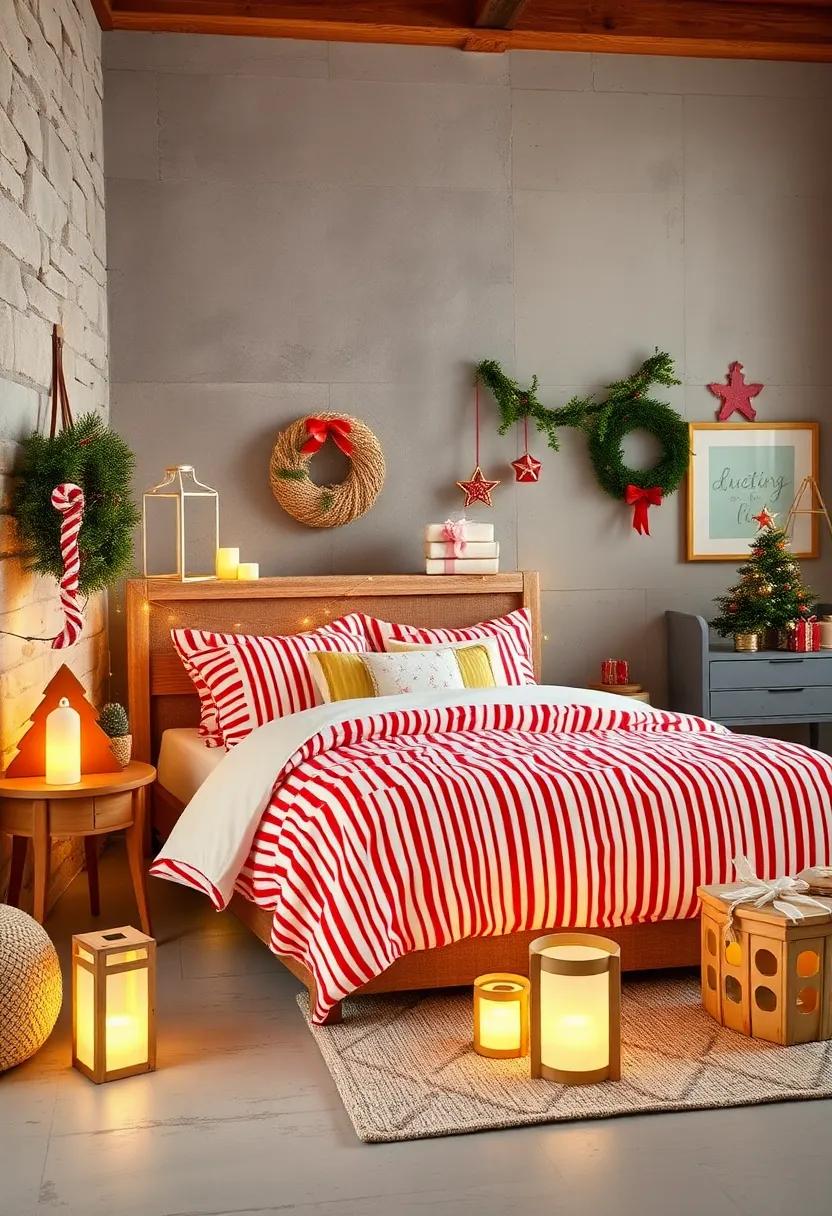 Whimsical Candy Cane Striped Bedding Paired with Soft Glow Lanterns to Delight Little Visitors