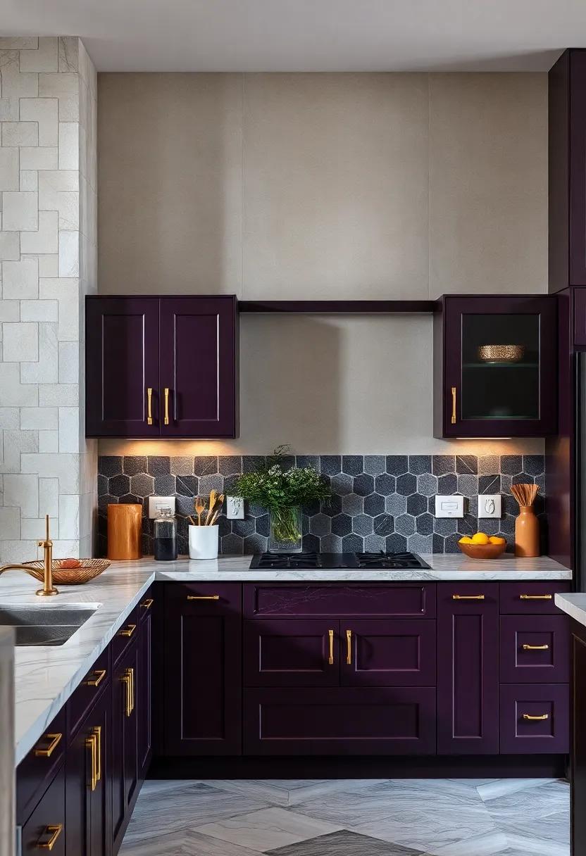 The Allure Of Deep Plum Cabinets Accented With Gold Handles And Unique Geometric Tiles