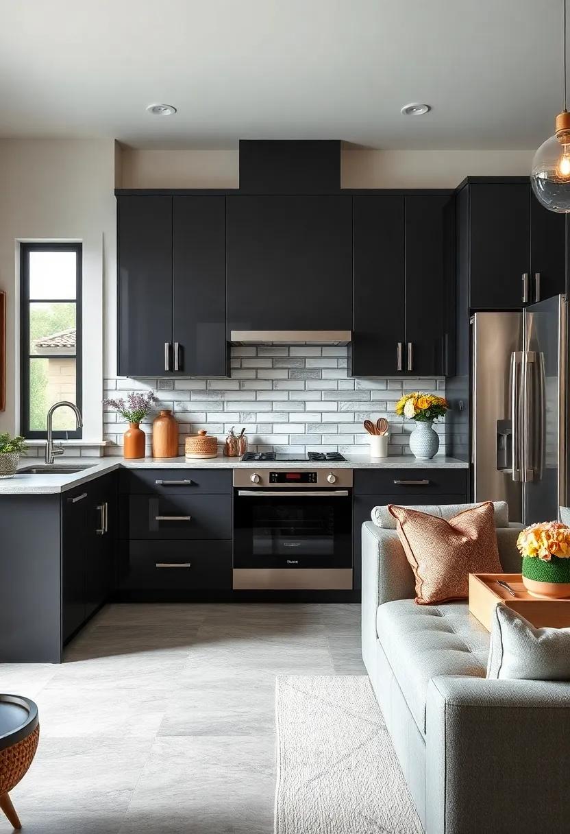 The Bold Statement Of High Gloss Charcoal Gray Cabinets Combined With Reflective Subway Tile Backsplash