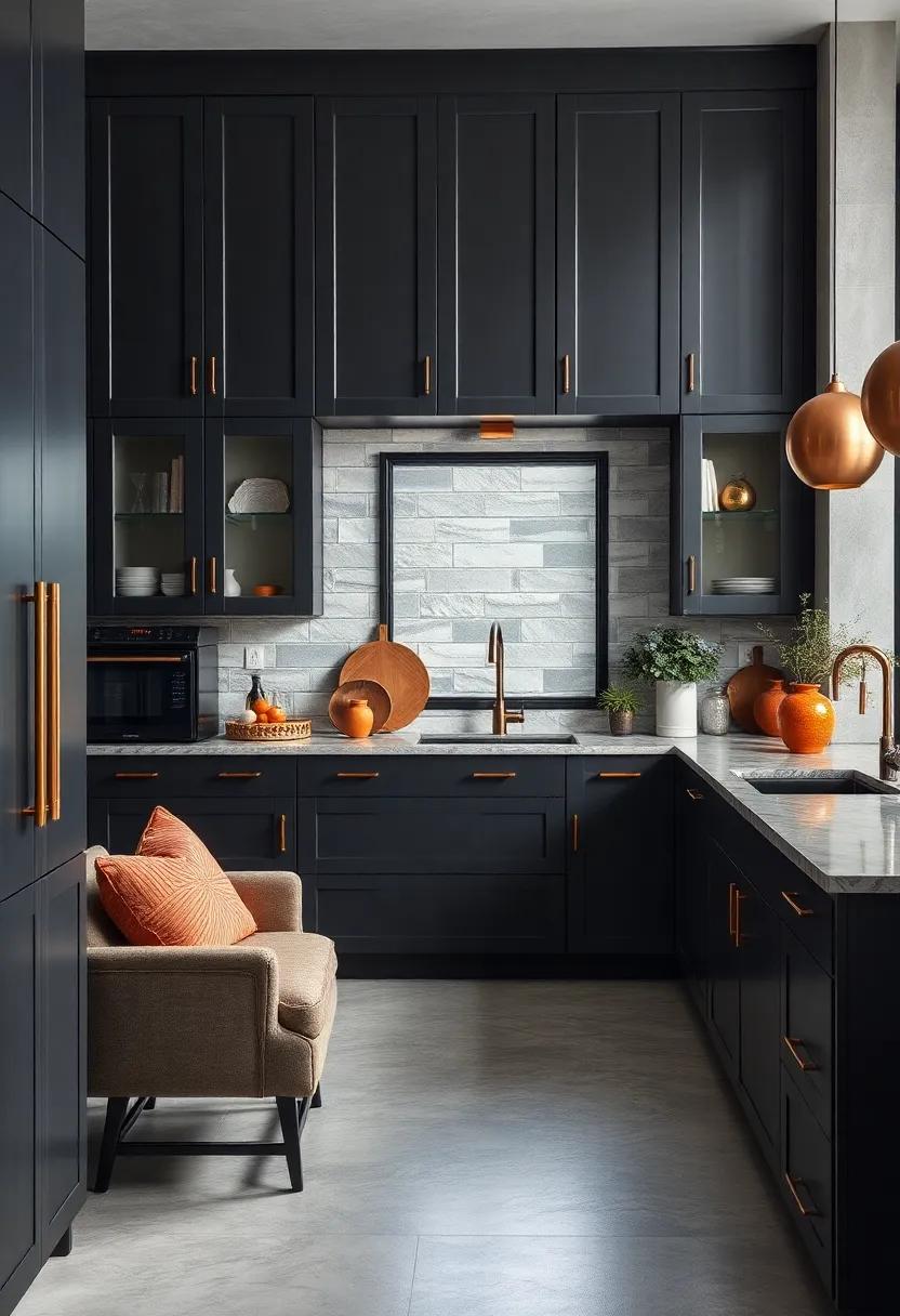 The Bold Use Of Graphite Cabinets With Contrasting Copper Hardware And Warm Wood Accents