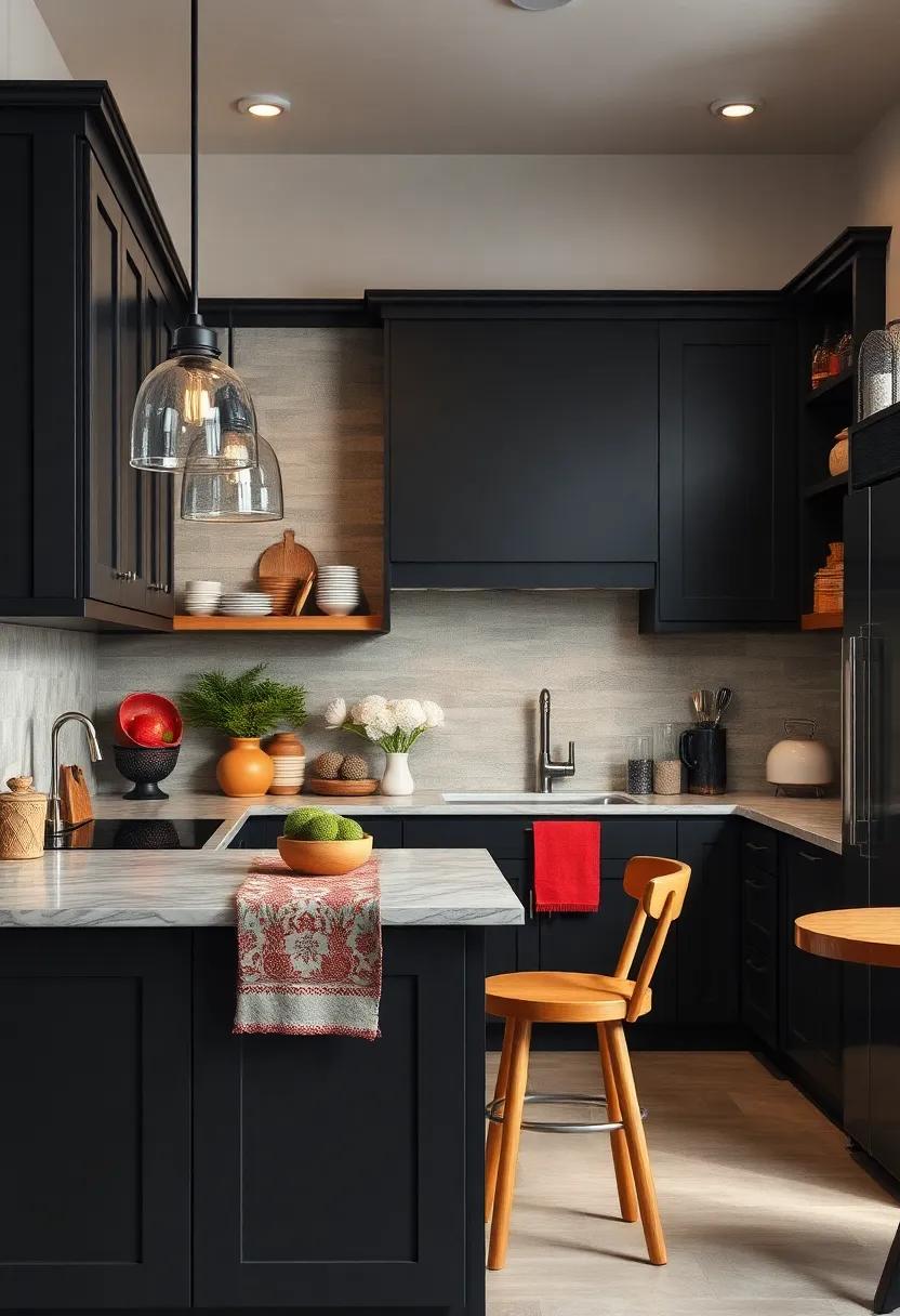 Cozy Cottage Spaces Enhanced By Dark Painted Cabinets Balancing Textured Backsplashes And Retro Accessories