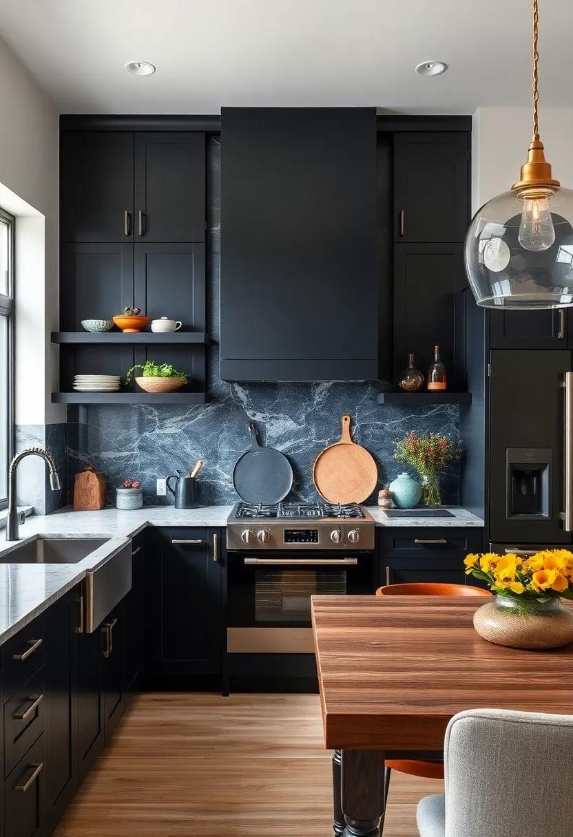 Dark Cabinetry As The Foundation For Artistic Backsplash Murals And Curated Kitchen Display Items