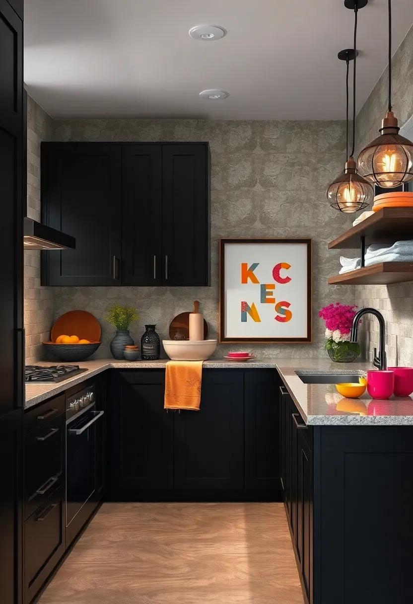 The Dynamic Energy Of Black Cabinets Paired With Bright Alphabet Wall Art And Colorful Kitchenware
