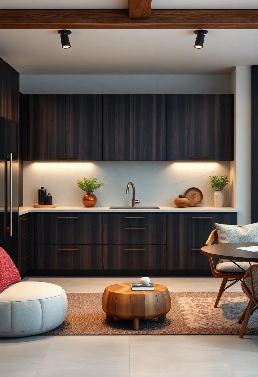 Elegant Contrasts Created By Dark Wooden Cabinets Paired With Soft Ambient Lighting And Minimalist Decor