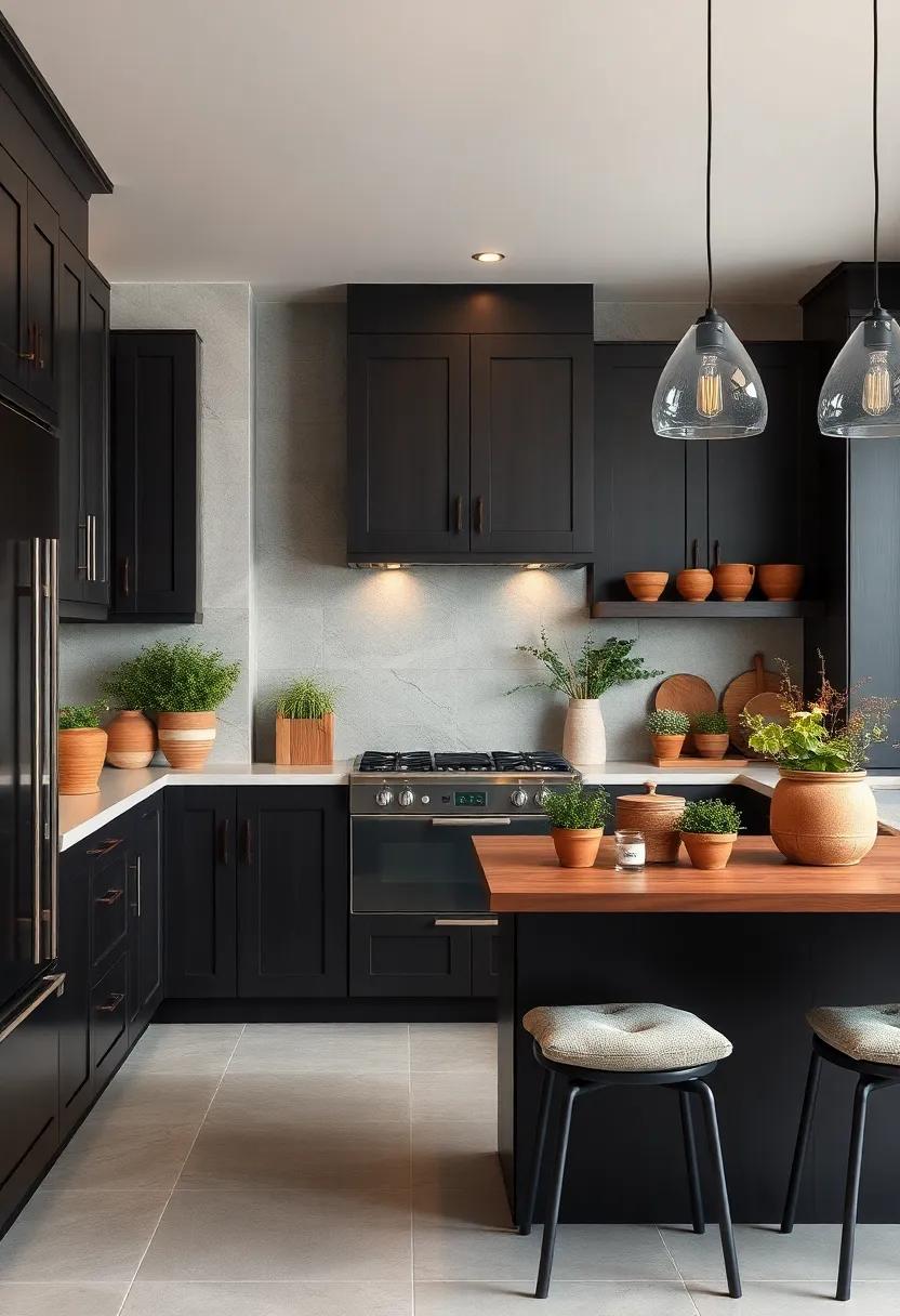 Harmony Between Dark Cabinets And Earthy Tones Of Herb Gardens And Clay Pottery On Displays