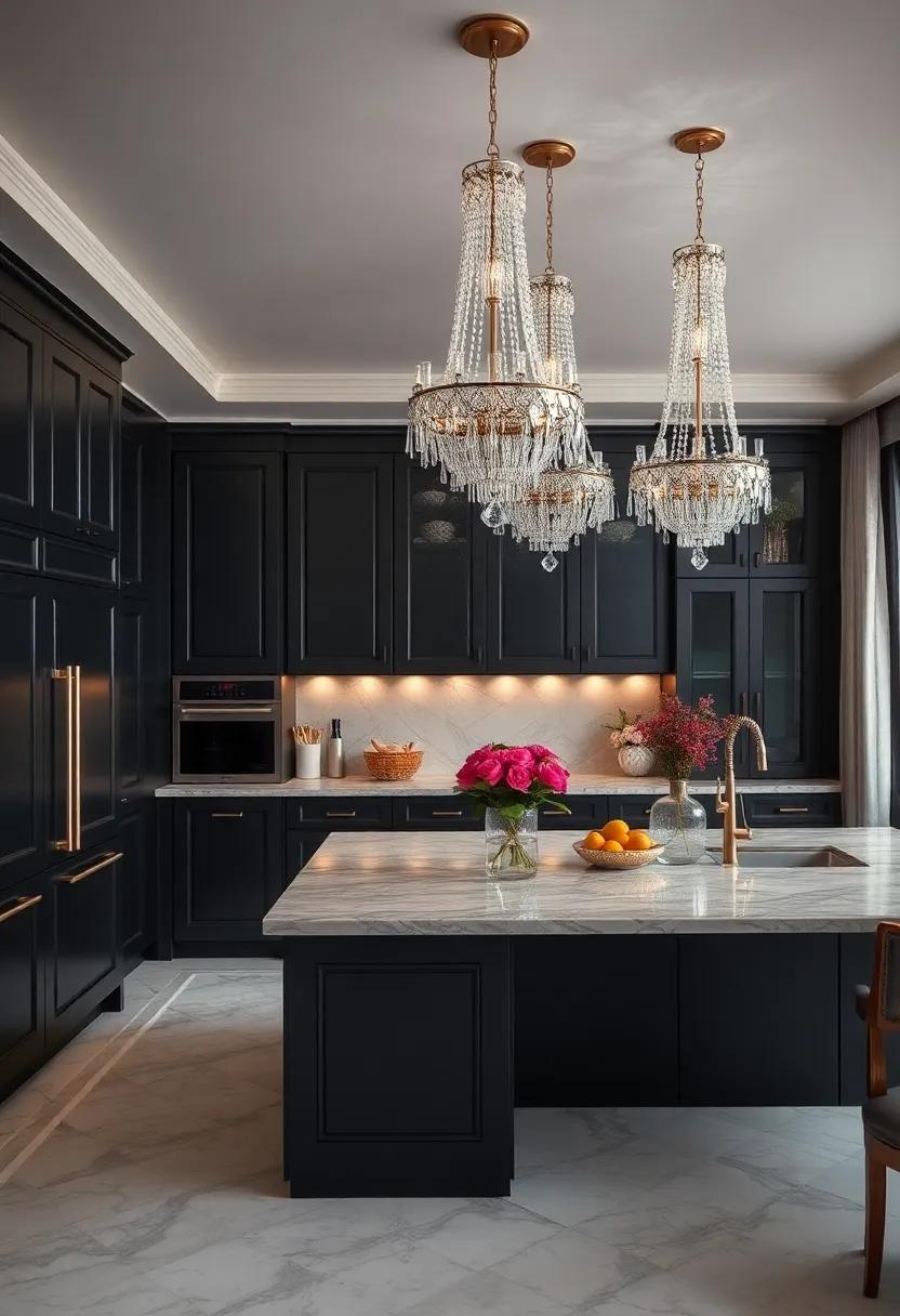 Luxuriant Details Of Dark Cabinets Enhanced By Crystal Chandeliers And Marble Floors