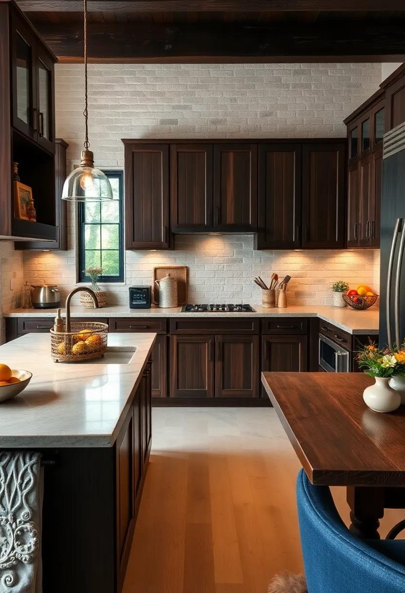 Rustic Elegance Featuring Dark Walnut Cabinets Against Stone Countertops And Vintage Fixtures