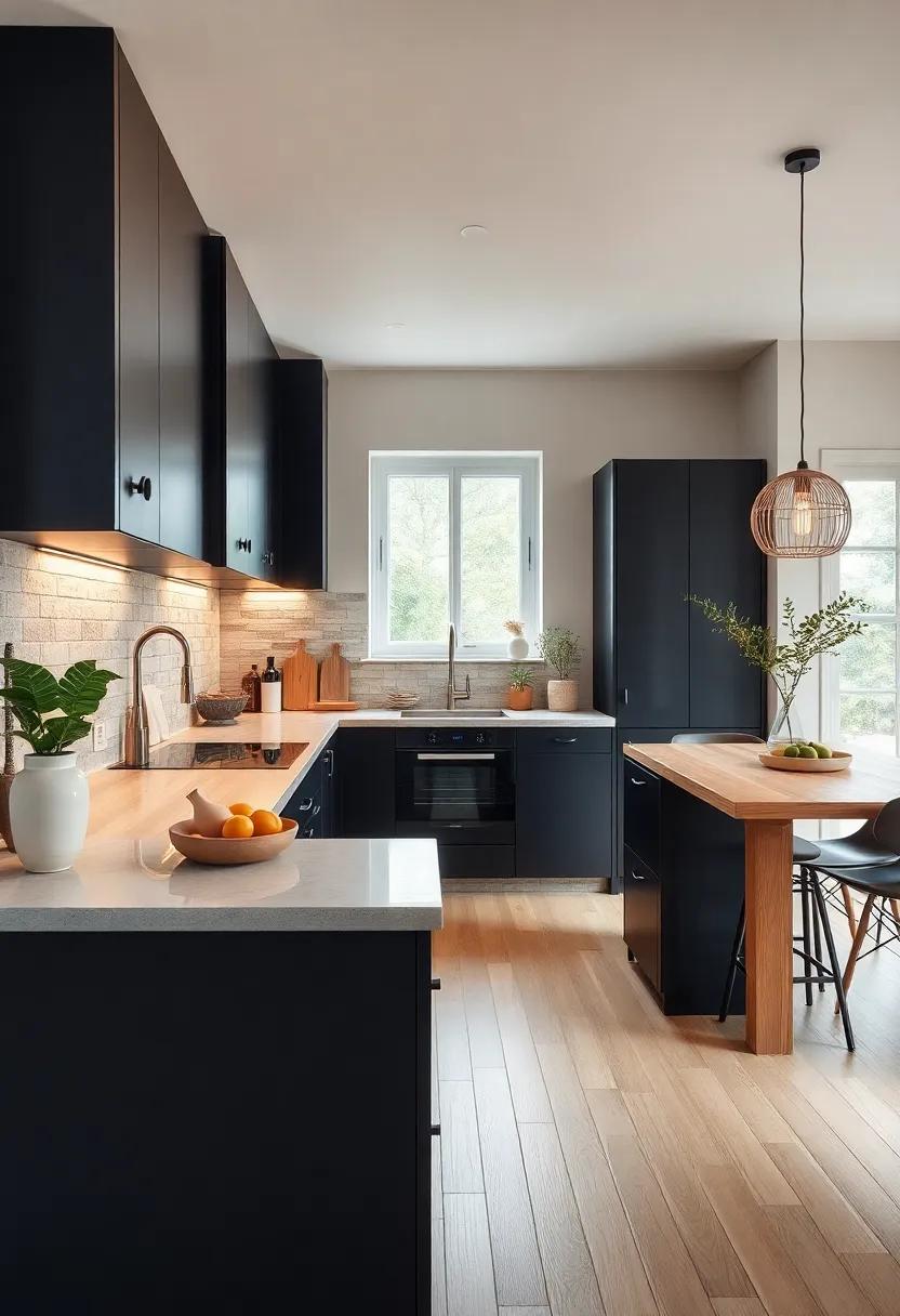 Sleek Scandinavian Style Highlighted By Black Cabinets, Light Timber Surfaces, And Clean Lines