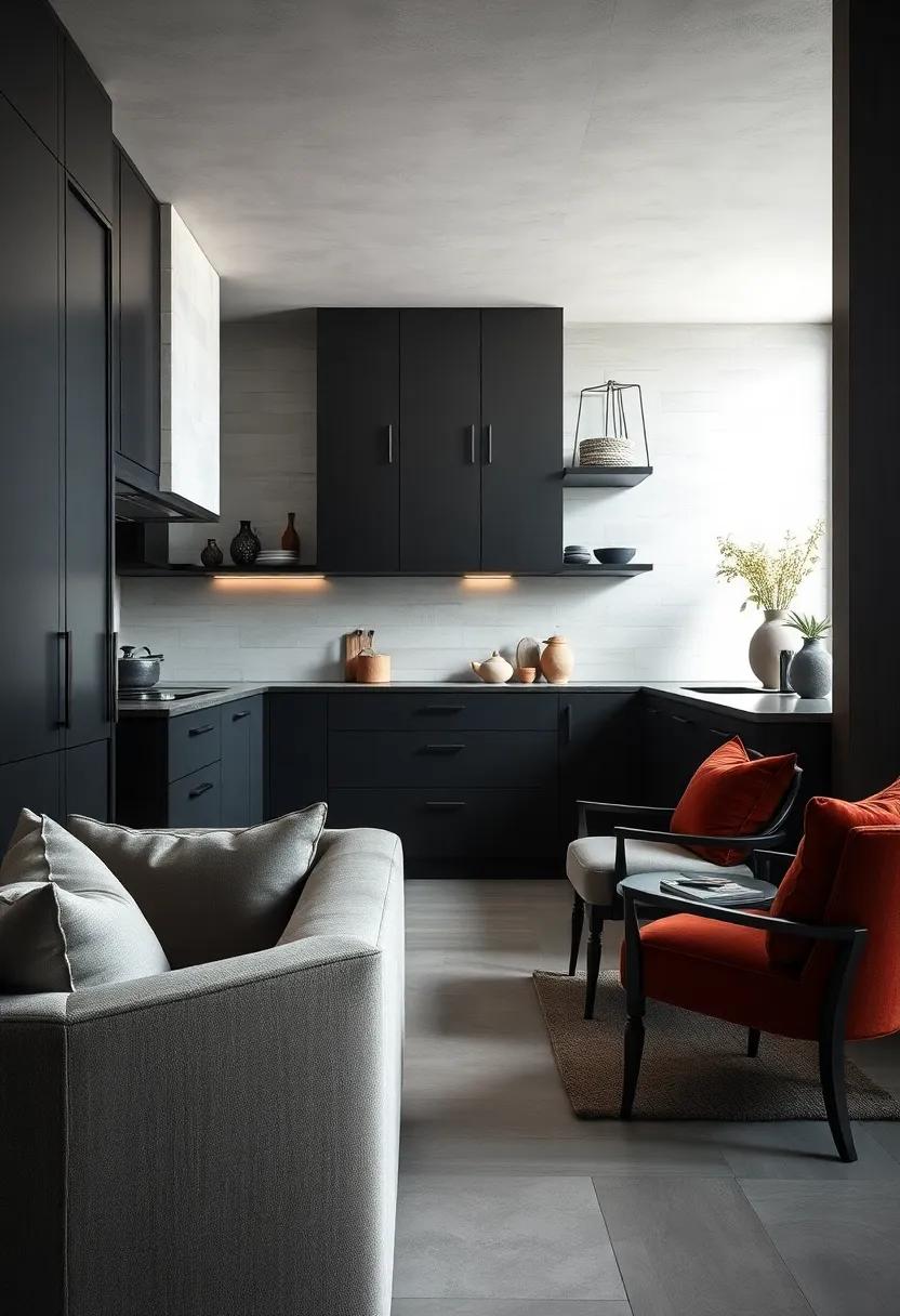 The Subtle Complexity Of Shadowed Cabinetry Accentuated By Soft Textured Upholstery Nearby