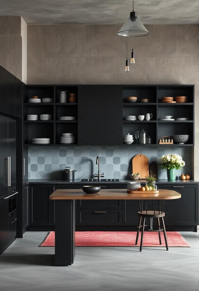 The Visual Drama Created By Black Cabinets In Open Shelving Layouts With Decorative Crockery