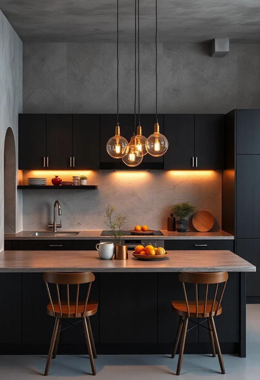 Warm And Inviting Atmospheres Formed By Espresso Kitchen Cabinets Under Warm Pendant Lights