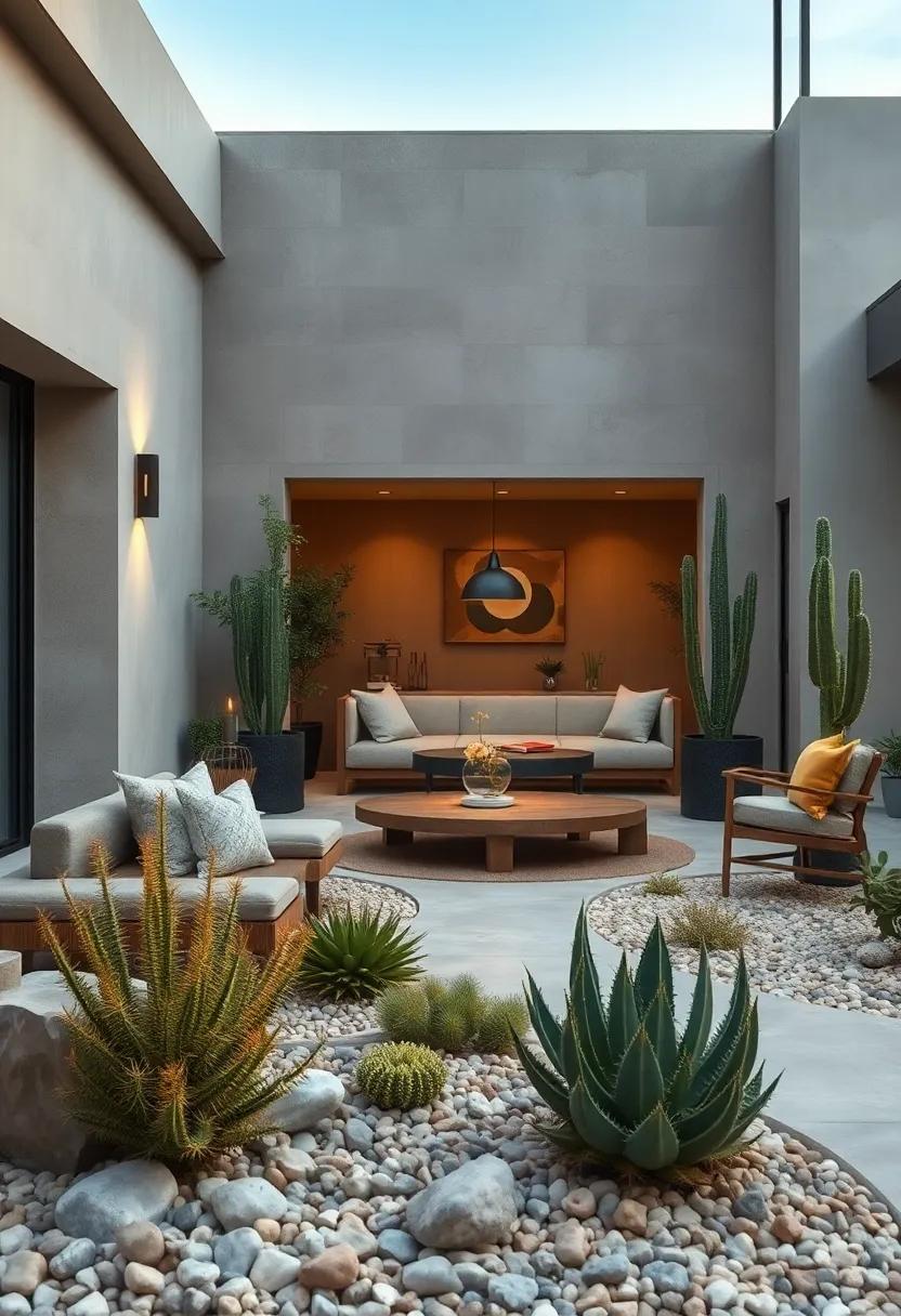 The Contrast of Smooth Pebbles and Spiky Cacti in a Modern Dry Garden Scene
