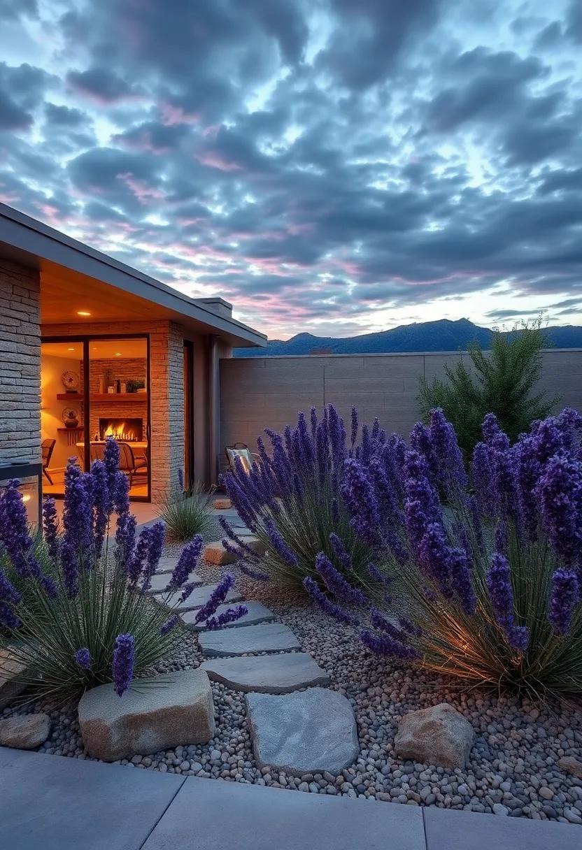 Evening Glow Reflected on Silvery Leaves of Desert Lavender Under a Moody Sky