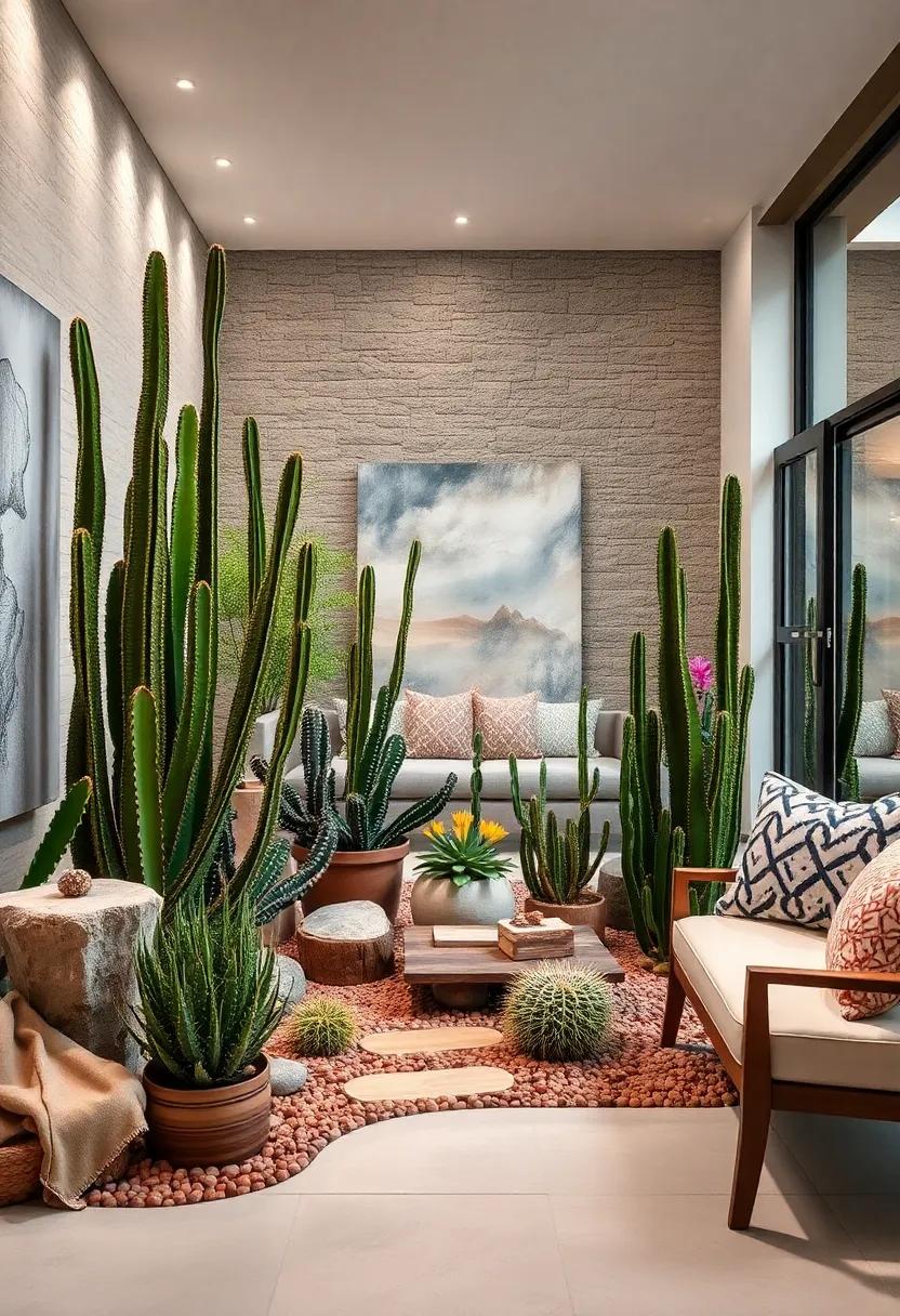 Playful Juxtaposition of Cacti Varieties in a Colorful Xeriscape Arrangement