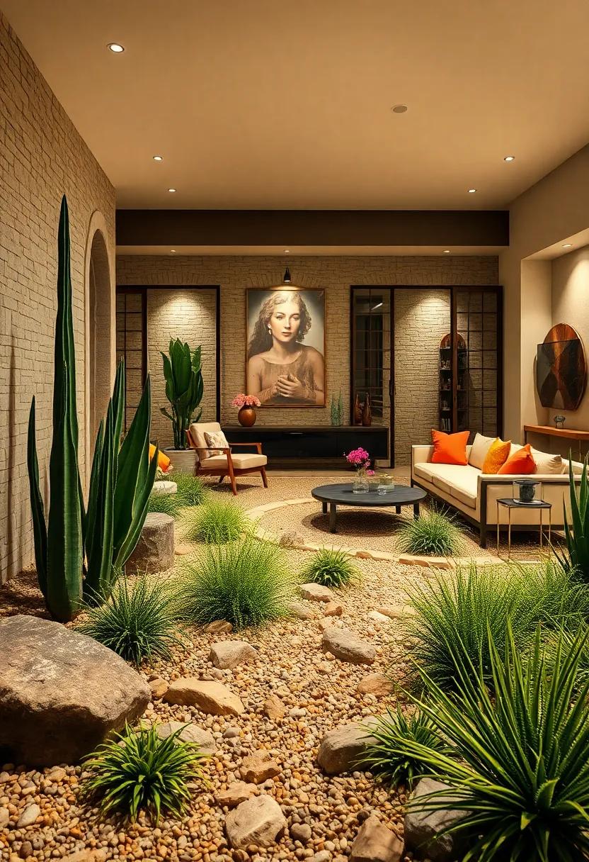 Soft Curves of River Rock Borders Contrasting with Sturdy Desert Plants