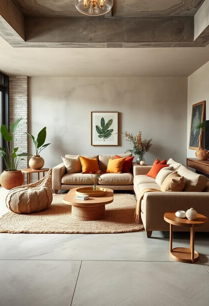 Natural Jute Rugs Anchoring a Soft Sofa Surrounded by Warm Browns and Rust Colors