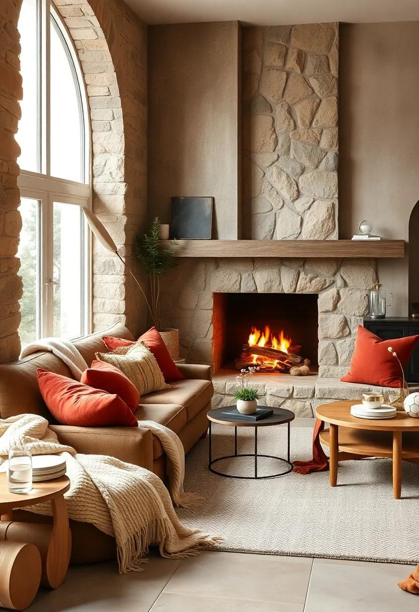 A Hearth Corner Featuring Soft Cream Woolen Blankets and Burnt Sienna Accent Pillows