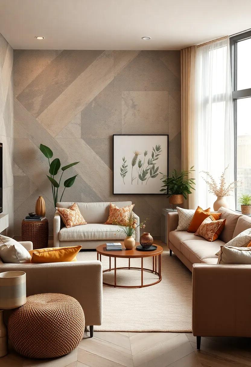 Subtle Botanical Prints in Warm Colors Adding Gentle Life to an Earthy Themed Cozy Living Room