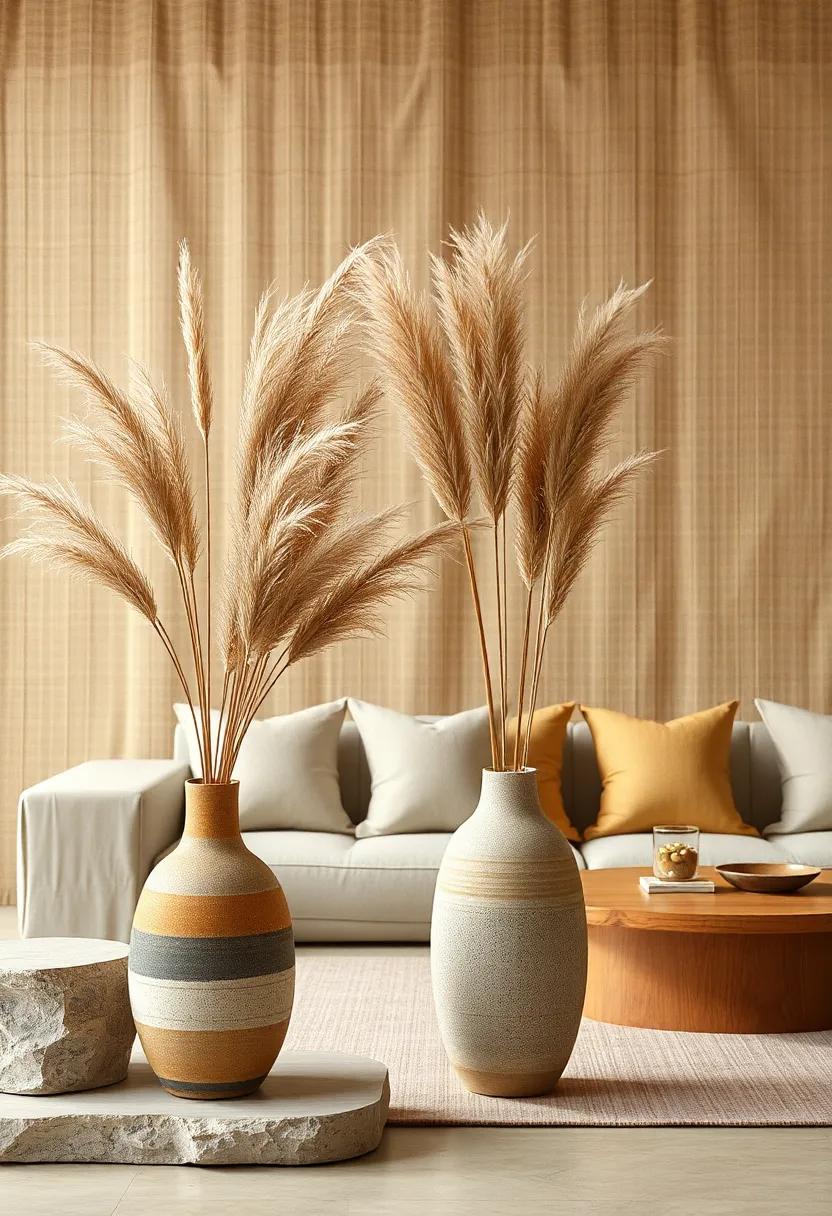 Textured Earthenware Vases Holding Dried Pampas Grass Against a Warm Beige Textile Backdrop