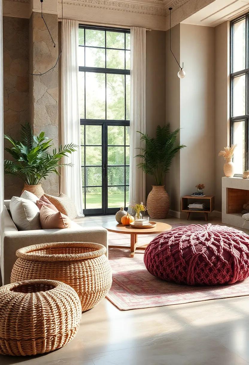 Woven Baskets and Soft Knit Poufs Bringing Texture and Tactile Warmth to the Earth Tone Setting