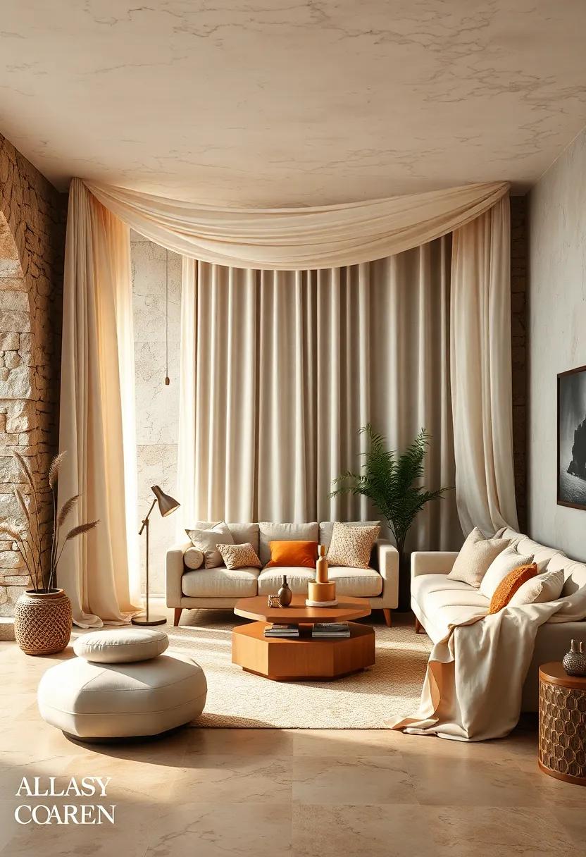 Low Wooden Coffee Table with Smooth Edges Surrounded by Plush Soft Beige and Mocha Seating