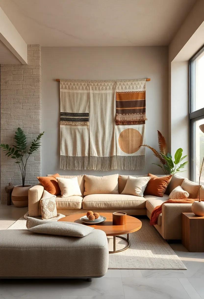 Natural Fiber Wall Hangings with Subtle Earth Tone Patterns Above a Soft Textured Sofa Arrangement