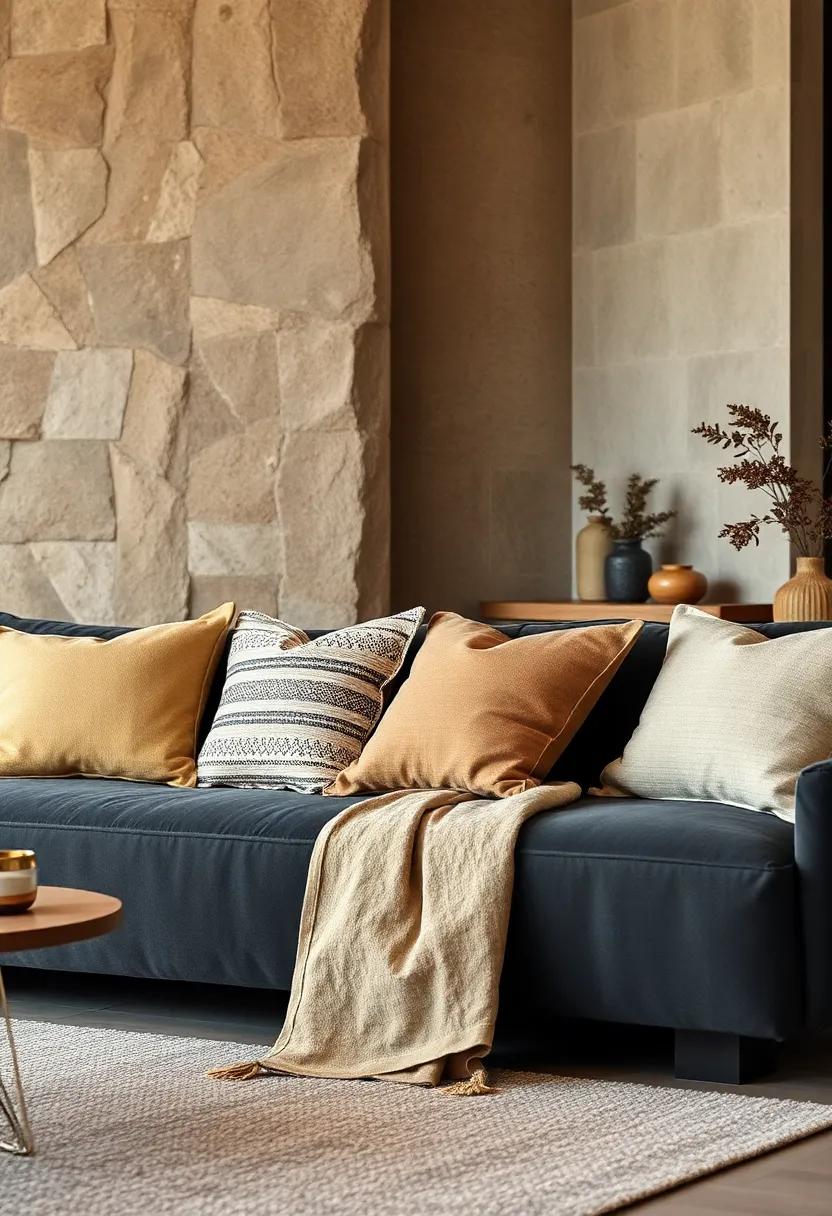 Group of Tactile Natural Fiber Cushions Arranged on a Deep Charcoal Sofa in an Earthy Warm Setting