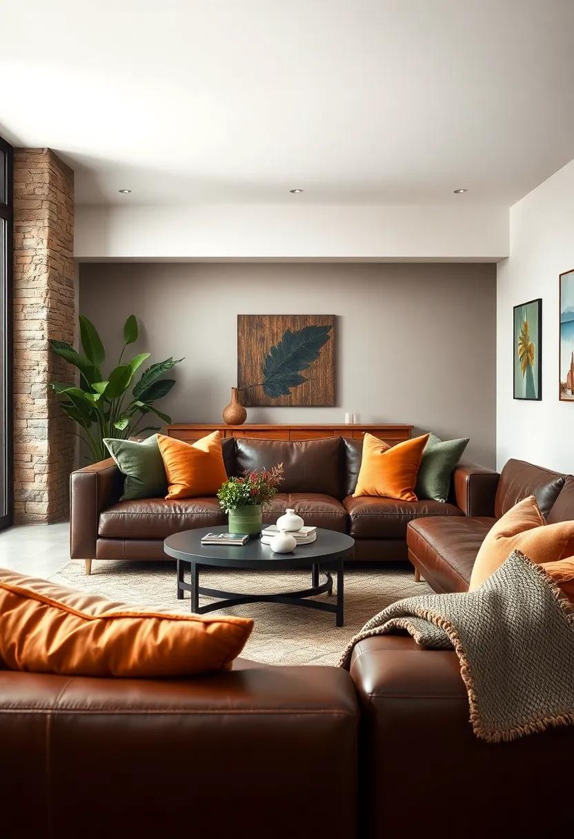 Muted Olive and Soft Pumpkin Hued Pillows Contrasted with Deep Brown Leather for Cozy Sophistication