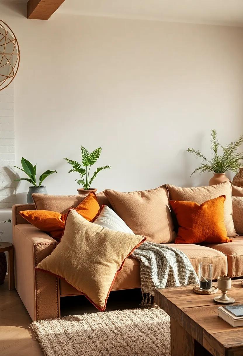 Mix of Soft Velvet and Linen Cushions in Ochre, Taupe, and Burnt Sienna Resting on a Rustic Sofa