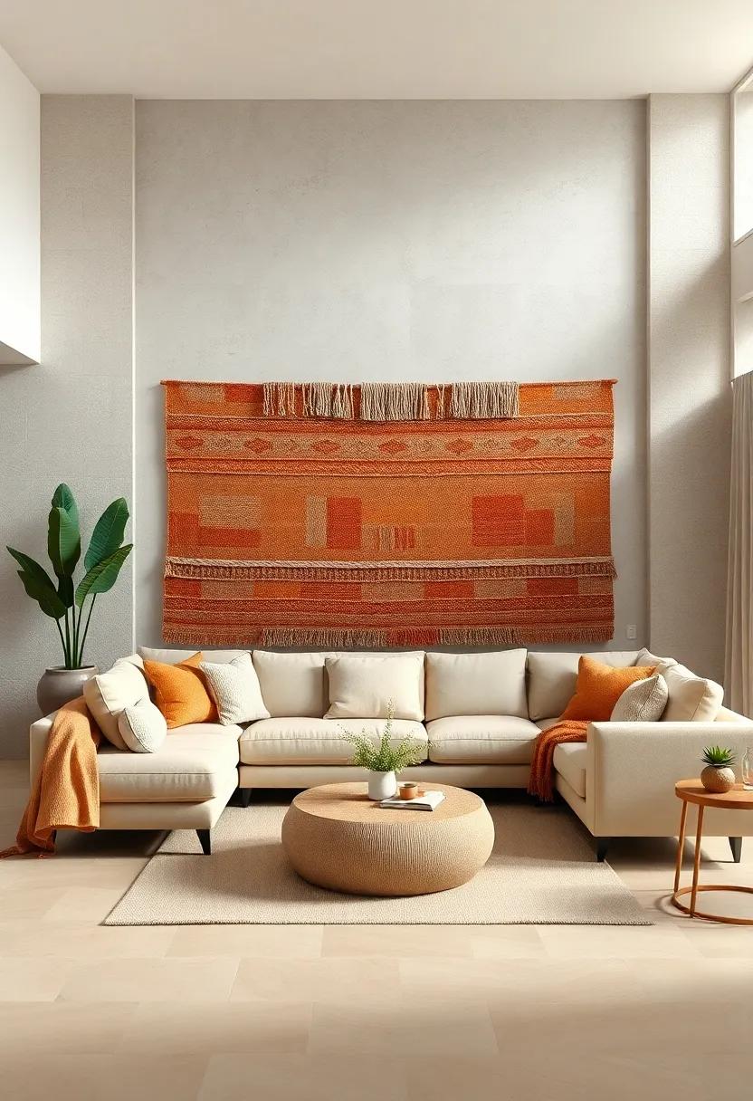 Heavy Knit Blankets in Earthy Ochre and Mocha Overlapping on a Low Seating Area Vibrating Warmth