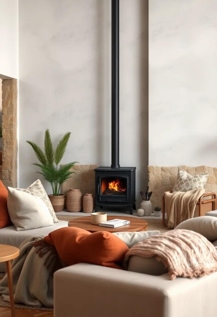 Earth Toned Mosaic Pillows and Plush Blankets Around a Minimalist Wood Burning Stove Scene