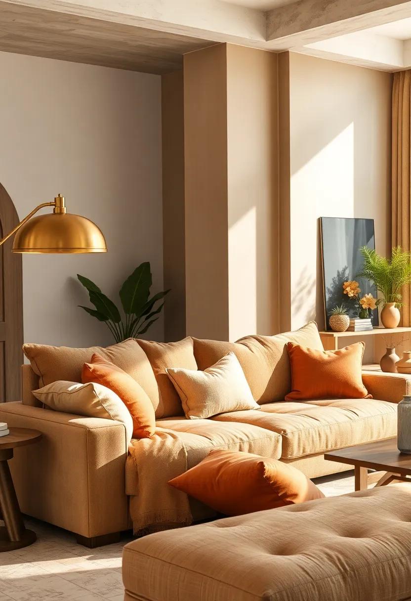 Soft Light Filtering Through Aged Brass Lampshades Over Cozy Earth Tone Upholstery