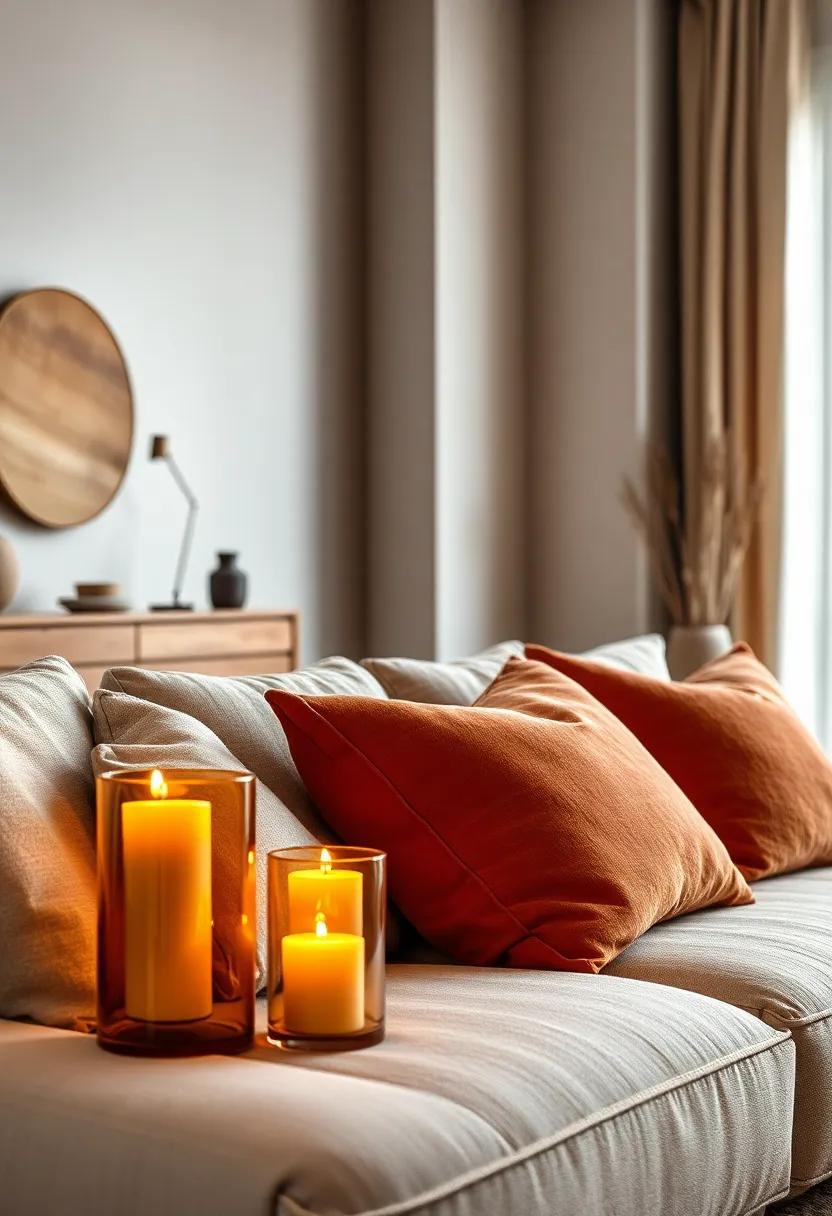 Candles in Soft Amber Glass Holders Casting Warm Flickers Over Rust and Sand Colored Cushions