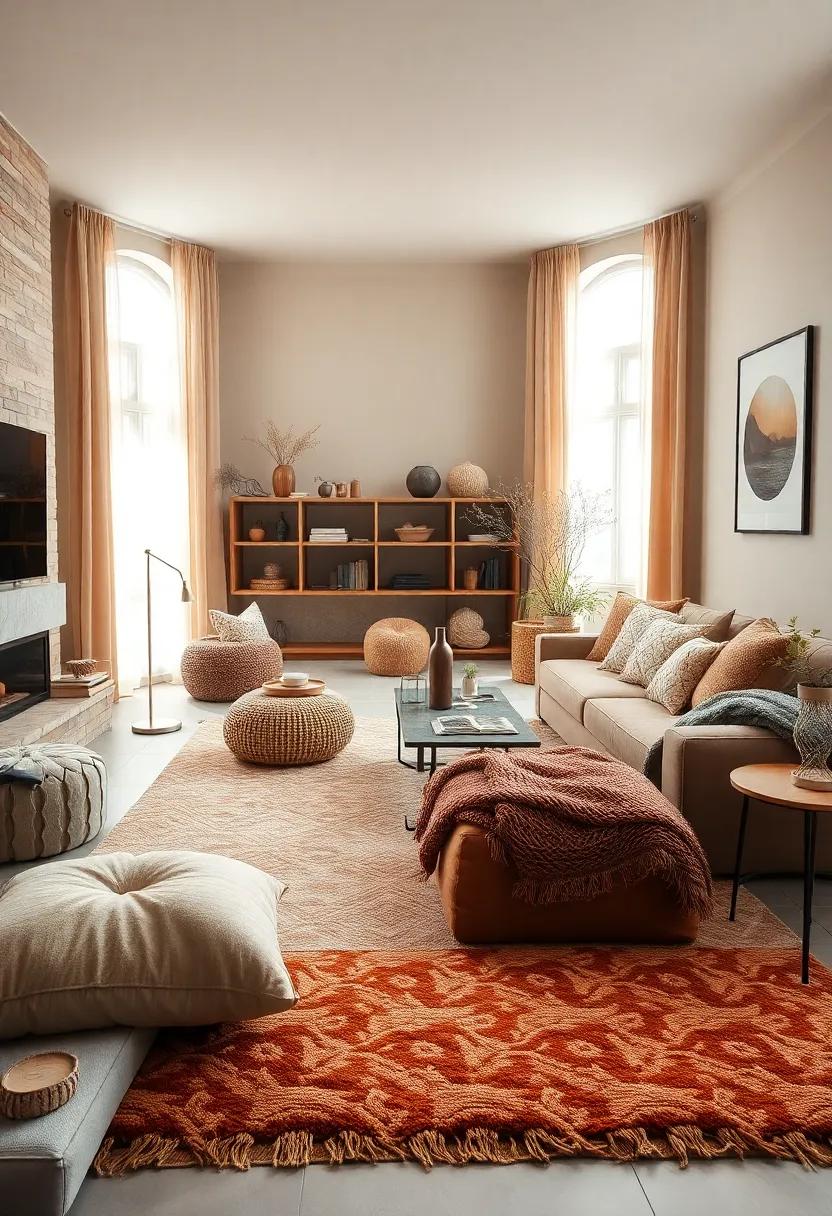 Soft Wool Rugs in Muted Earthy Hues Spreading Warmth Under Stacks of Cushions and Throws